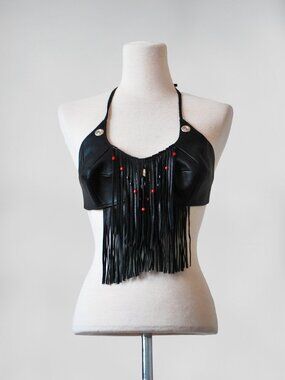 Leather Halter Fringe Bra Top